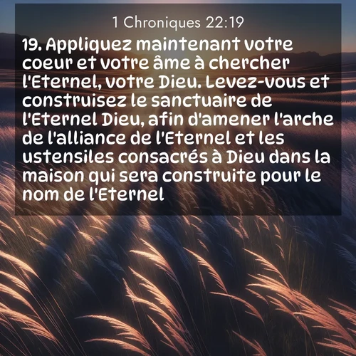 Segond21 1 Chroniques  ; image nature: image avec le verset biblique :Appliquez maintenant votre coeur et votre âme à chercher l&#039;Eternel, votre Dieu. Levez-vous et construisez le sanctuaire de l&#039;Eternel Dieu, afin d&#039;amener l&#039;arche de l&#039;alliance de l&#039;Eternel et les ustensiles consacrés à Dieu dans la maison qui sera construite pour le nom de l&#039;Eternel.» ;  ; 22:19