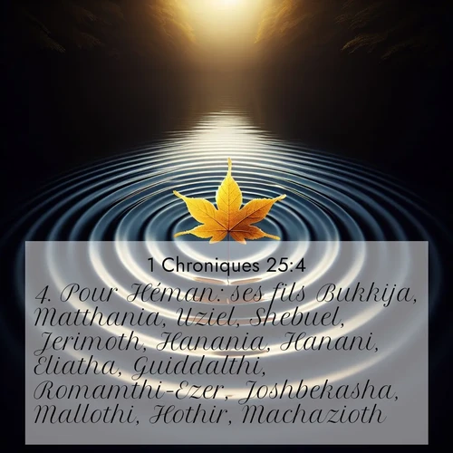 Segond21 1 Chroniques  ; image nature: image avec le verset biblique :Pour Héman: ses fils Bukkija, Matthania, Uziel, Shebuel, Jerimoth, Hanania, Hanani, Eliatha, Guiddalthi, Romamthi-Ezer, Joshbekasha, Mallothi, Hothir, Machazioth. ;  ; 25:4