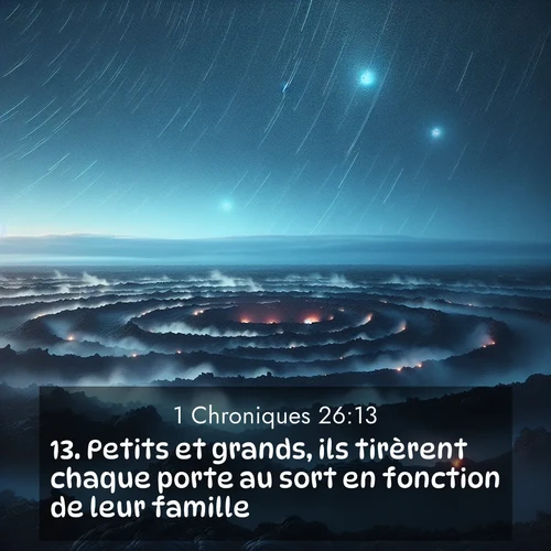 Segond21 1 Chroniques  ; image nature: image avec le verset biblique :Petits et grands, ils tirèrent chaque porte au sort en fonction de leur famille. ;  ; 26:13