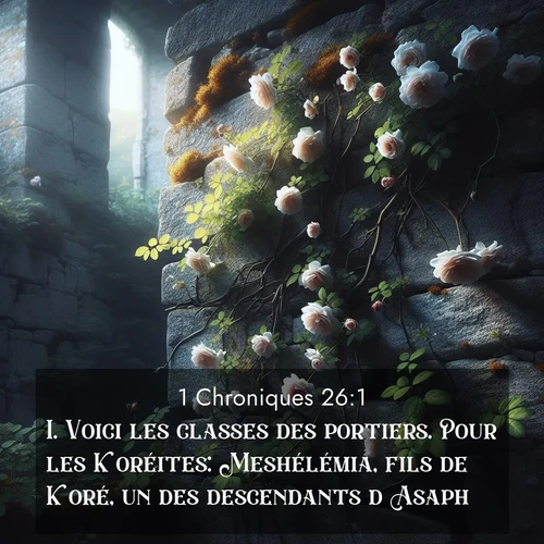 Segond21 1 Chroniques  ; image nature: image avec le verset biblique :Voici les classes des portiers. Pour les Koréites: Meshélémia, fils de Koré, un des descendants d&#039;Asaph. ;  ; 26:1