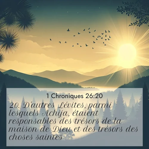Segond21 1 Chroniques  ; image nature: image avec le verset biblique :D&#039;autres Lévites, parmi lesquels Achija, étaient responsables des trésors de la maison de Dieu et des trésors des choses saintes. ;  ; 26:20