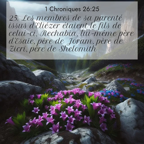 Segond21 1 Chroniques  ; image nature: image avec le verset biblique :Les membres de sa parenté issus d&#039;Eliézer étaient le fils de celui-ci, Rechabia, lui-même père d&#039;Esaïe, père de Joram, père de Zicri, père de Shelomith. ;  ; 26:25