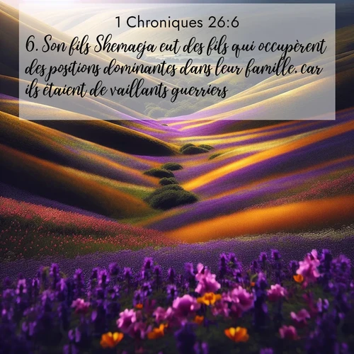 Segond21 1 Chroniques  ; image nature: image avec le verset biblique :Son fils Shemaeja eut des fils qui occupèrent des positions dominantes dans leur famille, car ils étaient de vaillants guerriers. ;  ; 26:6