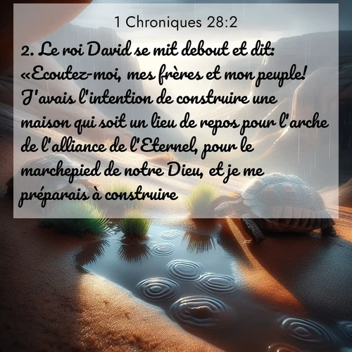 Segond21 1 Chroniques  ; image nature: image avec le verset biblique :Le roi David se mit debout et dit: «Ecoutez-moi, mes frères et mon peuple! J&#039;avais l&#039;intention de construire une maison qui soit un lieu de repos pour l&#039;arche de l&#039;alliance de l&#039;Eternel, pour le marchepied de notre Dieu, et je me préparais à construire, ;  ; 28:2