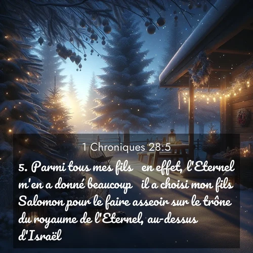 Segond21 1 Chroniques  ; image nature: image avec le verset biblique :Parmi tous mes fils  en effet, l&#039;Eternel m&#039;en a donné beaucoup  il a choisi mon fils Salomon pour le faire asseoir sur le trône du royaume de l&#039;Eternel, au-dessus d&#039;Israël. ;  ; 28:5