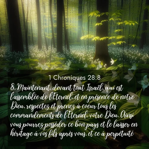 Segond21 1 Chroniques  ; image nature: image avec le verset biblique :Maintenant, devant tout Israël, qui est l&#039;assemblée de l&#039;Eternel, et en présence de notre Dieu, respectez et prenez à coeur tous les commandements de l&#039;Eternel, votre Dieu. Ainsi vous pourrez posséder ce bon pays et le laisser en héritage à vos fils après vous, et ce à perpétuité. ;  ; 28:8