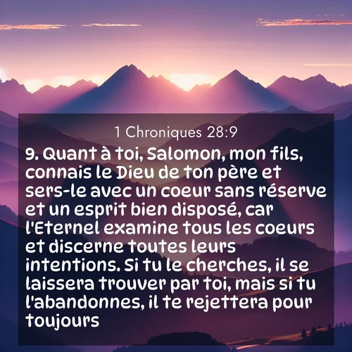 Segond21 1 Chroniques  ; image nature: image avec le verset biblique :Quant à toi, Salomon, mon fils, connais le Dieu de ton père et sers-le avec un coeur sans réserve et un esprit bien disposé, car l&#039;Eternel examine tous les coeurs et discerne toutes leurs intentions. Si tu le cherches, il se laissera trouver par toi, mais si tu l&#039;abandonnes, il te rejettera pour toujours. ;  ; 28:9