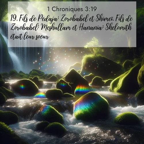 Segond21 1 Chroniques  ; image nature: image avec le verset biblique :Fils de Pedaja: Zorobabel et Shimeï. Fils de Zorobabel: Meshullam et Hanania; Shelomith était leur soeur. ;  ; 3:19