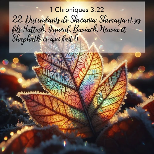 Segond21 1 Chroniques  ; image nature: image avec le verset biblique :Descendants de Shecania: Shemaeja et ses fils Hattush, Jigueal, Bariach, Nearia et Shaphath, ce qui fait 6. ;  ; 3:22