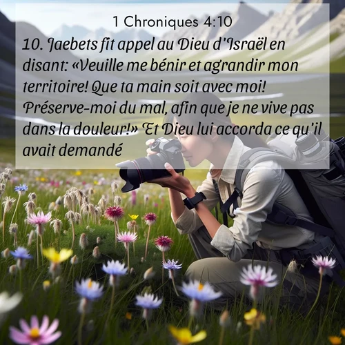 Segond21 1 Chroniques  ; image nature: image avec le verset biblique :Jaebets fit appel au Dieu d&#039;Israël en disant: «Veuille me bénir et agrandir mon territoire! Que ta main soit avec moi! Préserve-moi du mal, afin que je ne vive pas dans la douleur!» Et Dieu lui accorda ce qu&#039;il avait demandé. ;  ; 4:10