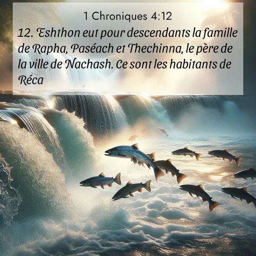 Segond21 1 Chroniques  ; image nature: image avec le verset biblique :Eshthon eut pour descendants la famille de Rapha, Paséach et Thechinna, le père de la ville de Nachash. Ce sont les habitants de Réca. ;  ; 4:12