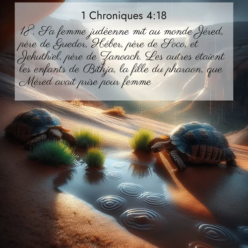 Segond21 1 Chroniques  ; image nature: image avec le verset biblique :Sa femme judéenne mit au monde Jéred, père de Guedor, Héber, père de Soco, et Jekuthiel, père de Zanoach. Les autres étaient les enfants de Bithja, la fille du pharaon, que Méred avait prise pour femme. ;  ; 4:18