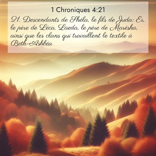 Segond21 1 Chroniques  ; image nature: image avec le verset biblique :Descendants de Shéla, le fils de Juda: Er, le père de Léca, Laeda, le père de Marésha, ainsi que les clans qui travaillent le textile à Beth-Ashbéa. ;  ; 4:21