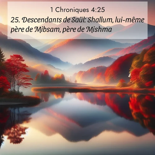 Segond21 1 Chroniques  ; image nature: image avec le verset biblique :Descendants de Saül: Shallum, lui-même père de Mibsam, père de Mishma. ;  ; 4:25