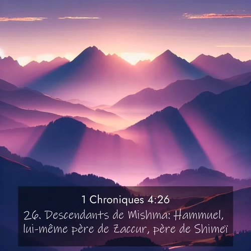Segond21 1 Chroniques  ; image nature: image avec le verset biblique :Descendants de Mishma: Hammuel, lui-même père de Zaccur, père de Shimeï. ;  ; 4:26