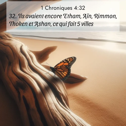 Segond21 1 Chroniques  ; image nature: image avec le verset biblique :Ils avaient encore Etham, Aïn, Rimmon, Thoken et Ashan, ce qui fait 5 villes, ;  ; 4:32