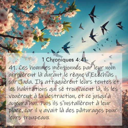 Segond21 1 Chroniques  ; image nature: image avec le verset biblique :Ces hommes mentionnés par leur nom arrivèrent là durant le règne d&#039;Ezéchias sur Juda. Ils attaquèrent leurs tentes et les habitations qui se trouvaient là, ils les vouèrent à la destruction, et ce jusqu&#039;à aujourd&#039;hui. Puis ils s&#039;installèrent à leur place, car il y avait là des pâturages pour leurs troupeaux. ;  ; 4:41