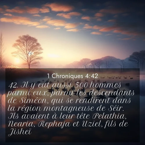 Segond21 1 Chroniques  ; image nature: image avec le verset biblique :Il y eut aussi 500 hommes parmi eux, parmi les descendants de Siméon, qui se rendirent dans la région montagneuse de Séir. Ils avaient à leur tête Pelathia, Nearia, Rephaja et Uziel, fils de Jisheï. ;  ; 4:42