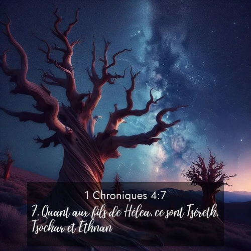 Segond21 1 Chroniques  ; image nature: image avec le verset biblique :Quant aux fils de Hélea, ce sont Tséreth, Tsochar et Ethnan. ;  ; 4:7
