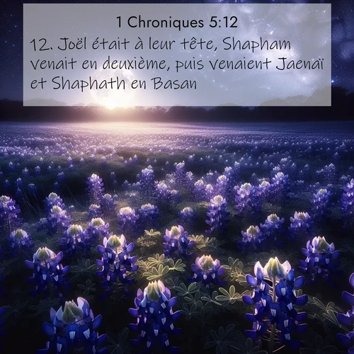 Segond21 1 Chroniques  ; image nature: image avec le verset biblique :Joël était à leur tête, Shapham venait en deuxième, puis venaient Jaenaï et Shaphath en Basan. ;  ; 5:12