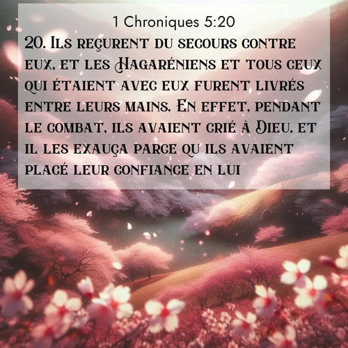 Segond21 1 Chroniques  ; image nature: image avec le verset biblique :Ils reçurent du secours contre eux, et les Hagaréniens et tous ceux qui étaient avec eux furent livrés entre leurs mains. En effet, pendant le combat, ils avaient crié à Dieu, et il les exauça parce qu&#039;ils avaient placé leur confiance en lui. ;  ; 5:20