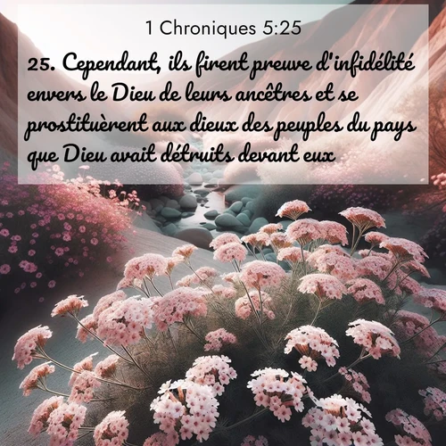 Segond21 1 Chroniques  ; image nature: image avec le verset biblique :Cependant, ils firent preuve d&#039;infidélité envers le Dieu de leurs ancêtres et se prostituèrent aux dieux des peuples du pays que Dieu avait détruits devant eux. ;  ; 5:25