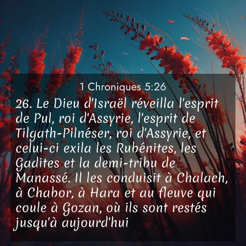 Segond21 1 Chroniques  ; image nature: image avec le verset biblique :Le Dieu d&#039;Israël réveilla l&#039;esprit de Pul, roi d&#039;Assyrie, l&#039;esprit de Tilgath-Pilnéser, roi d&#039;Assyrie, et celui-ci exila les Rubénites, les Gadites et la demi-tribu de Manassé. Il les conduisit à Chalach, à Chabor, à Hara et au fleuve qui coule à Gozan, où ils sont restés jusqu&#039;à aujourd&#039;hui. ;  ; 5:26