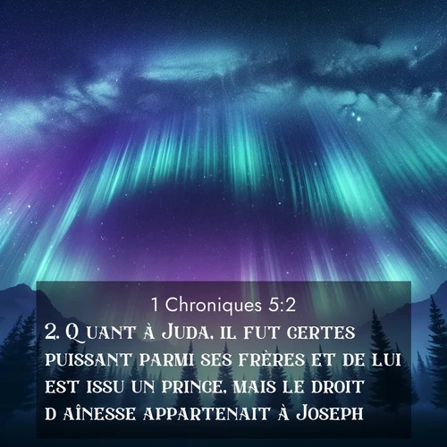Segond21 1 Chroniques  ; image nature: image avec le verset biblique :Quant à Juda, il fut certes puissant parmi ses frères et de lui est issu un prince, mais le droit d&#039;aînesse appartenait à Joseph. ;  ; 5:2