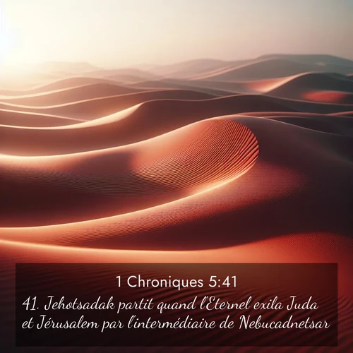 Segond21 1 Chroniques  ; image nature: image avec le verset biblique :Jehotsadak partit quand l&#039;Eternel exila Juda et Jérusalem par l&#039;intermédiaire de Nebucadnetsar. ;  ; 5:41