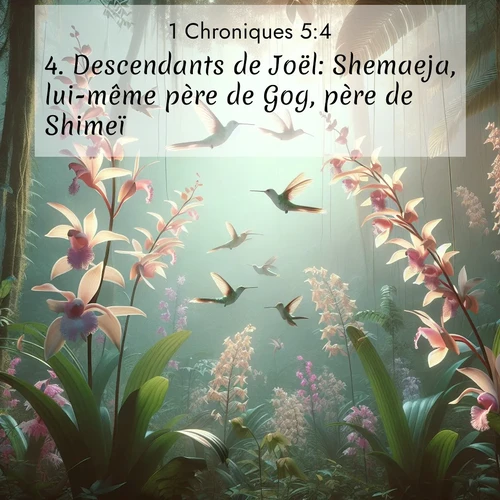 Segond21 1 Chroniques  ; image nature: image avec le verset biblique :Descendants de Joël: Shemaeja, lui-même père de Gog, père de Shimeï, ;  ; 5:4
