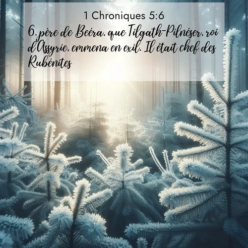 Segond21 1 Chroniques  ; image nature: image avec le verset biblique :père de Beéra, que Tilgath-Pilnéser, roi d&#039;Assyrie, emmena en exil. Il était chef des Rubénites. ;  ; 5:6