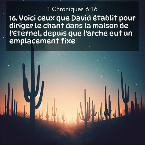 Segond21 1 Chroniques  ; image nature: image avec le verset biblique :Voici ceux que David établit pour diriger le chant dans la maison de l&#039;Eternel, depuis que l&#039;arche eut un emplacement fixe. ;  ; 6:16