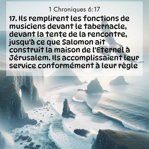 Segond21 1 Chroniques  ; image nature: image avec le verset biblique :Ils remplirent les fonctions de musiciens devant le tabernacle, devant la tente de la rencontre, jusqu&#039;à ce que Salomon ait construit la maison de l&#039;Eternel à Jérusalem. Ils accomplissaient leur service conformément à leur règle. ;  ; 6:17
