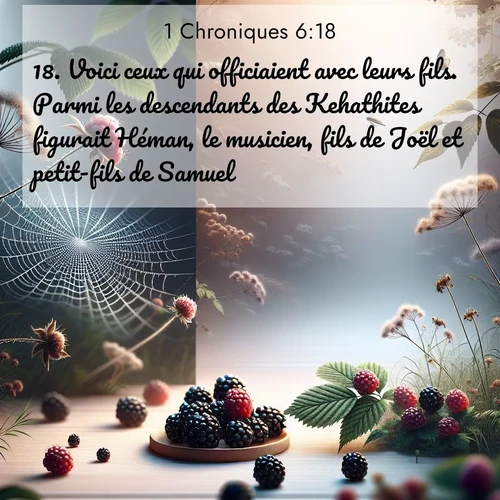 Segond21 1 Chroniques  ; image nature: image avec le verset biblique :Voici ceux qui officiaient avec leurs fils. Parmi les descendants des Kehathites figurait Héman, le musicien, fils de Joël et petit-fils de Samuel, ;  ; 6:18