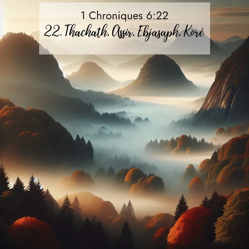 Segond21 1 Chroniques  ; image nature: image avec le verset biblique :Thachath, Assir, Ebjasaph, Koré, ;  ; 6:22