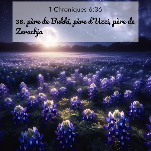 Segond21 1 Chroniques  ; image nature: image avec le verset biblique :père de Bukki, père d&#039;Uzzi, père de Zerachja, ;  ; 6:36