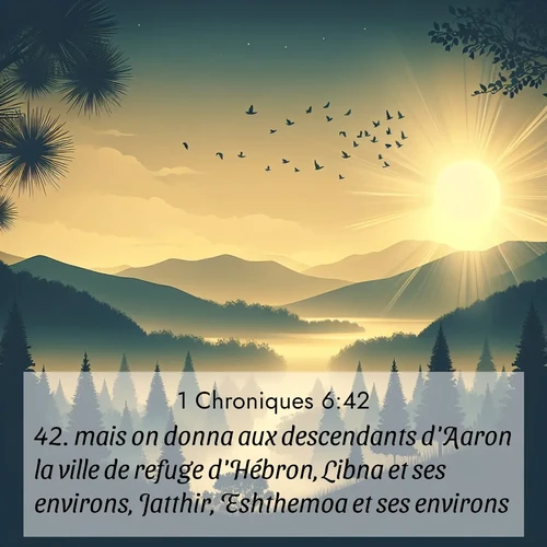 Segond21 1 Chroniques  ; image nature: image avec le verset biblique :mais on donna aux descendants d&#039;Aaron la ville de refuge d&#039;Hébron, Libna et ses environs, Jatthir, Eshthemoa et ses environs, ;  ; 6:42