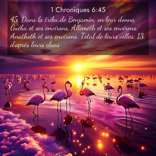 Segond21 1 Chroniques  ; image nature: image avec le verset biblique :Dans la tribu de Benjamin, on leur donna Guéba et ses environs, Allémeth et ses environs, Anathoth et ses environs. Total de leurs villes: 13, d&#039;après leurs clans. ;  ; 6:45