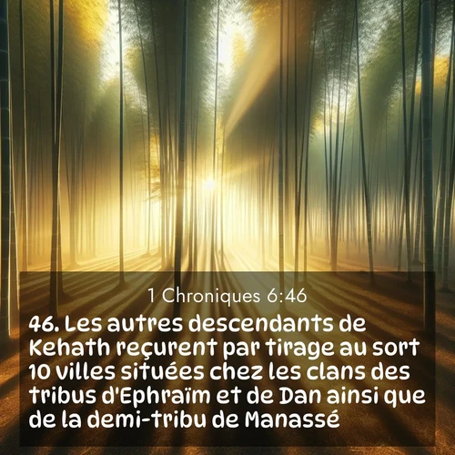 Segond21 1 Chroniques  ; image nature: image avec le verset biblique :Les autres descendants de Kehath reçurent par tirage au sort 10 villes situées chez les clans des tribus d&#039;Ephraïm et de Dan ainsi que de la demi-tribu de Manassé. ;  ; 6:46