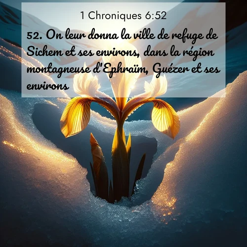 Segond21 1 Chroniques  ; image nature: image avec le verset biblique :On leur donna la ville de refuge de Sichem et ses environs, dans la région montagneuse d&#039;Ephraïm, Guézer et ses environs, ;  ; 6:52