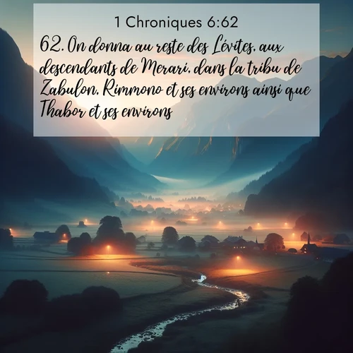 Segond21 1 Chroniques  ; image nature: image avec le verset biblique :On donna au reste des Lévites, aux descendants de Merari, dans la tribu de Zabulon, Rimmono et ses environs ainsi que Thabor et ses environs. ;  ; 6:62
