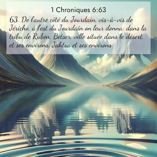Segond21 1 Chroniques  ; image nature: image avec le verset biblique :De l&#039;autre côté du Jourdain, vis-à-vis de Jéricho, à l&#039;est du Jourdain on leur donna: dans la tribu de Ruben, Betser, ville située dans le désert, et ses environs, Jahtsa et ses environs, ;  ; 6:63