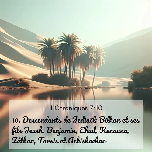 Segond21 1 Chroniques  ; image nature: image avec le verset biblique :Descendants de Jediaël: Bilhan et ses fils Jeush, Benjamin, Ehud, Kenaana, Zéthan, Tarsis et Achishachar. ;  ; 7:10
