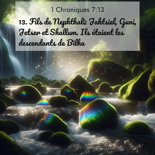 Segond21 1 Chroniques  ; image nature: image avec le verset biblique :Fils de Nephthali: Jahtsiel, Guni, Jetser et Shallum. Ils étaient les descendants de Bilha. ;  ; 7:13