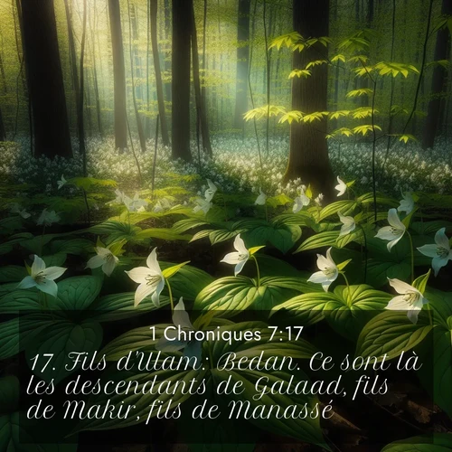 Segond21 1 Chroniques  ; image nature: image avec le verset biblique :Fils d&#039;Ulam: Bedan. Ce sont là les descendants de Galaad, fils de Makir, fils de Manassé. ;  ; 7:17