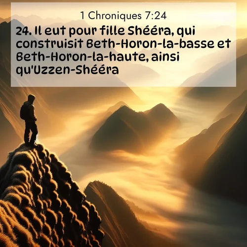 Segond21 1 Chroniques  ; image nature: image avec le verset biblique :Il eut pour fille Shééra, qui construisit Beth-Horon-la-basse et Beth-Horon-la-haute, ainsi qu&#039;Uzzen-Shééra. ;  ; 7:24