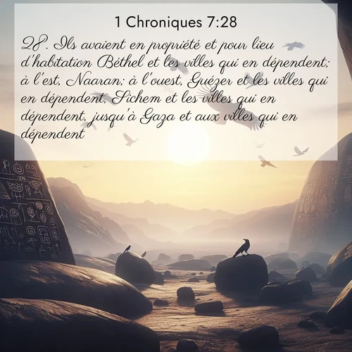 Segond21 1 Chroniques  ; image nature: image avec le verset biblique :Ils avaient en propriété et pour lieu d&#039;habitation Béthel et les villes qui en dépendent; à l&#039;est, Naaran; à l&#039;ouest, Guézer et les villes qui en dépendent, Sichem et les villes qui en dépendent, jusqu&#039;à Gaza et aux villes qui en dépendent. ;  ; 7:28
