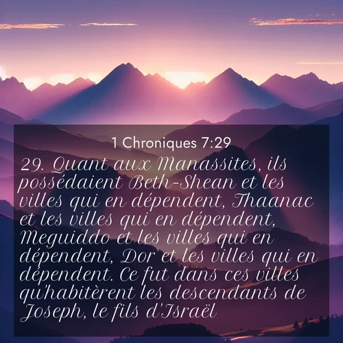 Segond21 1 Chroniques  ; image nature: image avec le verset biblique :Quant aux Manassites, ils possédaient Beth-Shean et les villes qui en dépendent, Thaanac et les villes qui en dépendent, Meguiddo et les villes qui en dépendent, Dor et les villes qui en dépendent. Ce fut dans ces villes qu&#039;habitèrent les descendants de Joseph, le fils d&#039;Israël. ;  ; 7:29