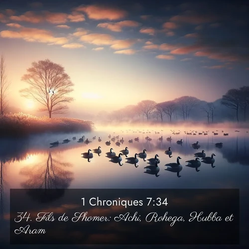 Segond21 1 Chroniques  ; image nature: image avec le verset biblique :Fils de Shomer: Achi, Rohega, Hubba et Aram. ;  ; 7:34