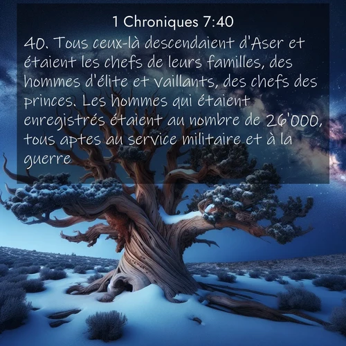 Segond21 1 Chroniques  ; image nature: image avec le verset biblique :Tous ceux-là descendaient d&#039;Aser et étaient les chefs de leurs familles, des hommes d&#039;élite et vaillants, des chefs des princes. Les hommes qui étaient enregistrés étaient au nombre de 26&#039;000, tous aptes au service militaire et à la guerre. ;  ; 7:40